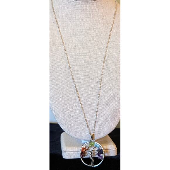 Gemstone Tree of Life Pendant Marked 8KGE on Silver Tone Chain Necklace - Picture 1 of 7